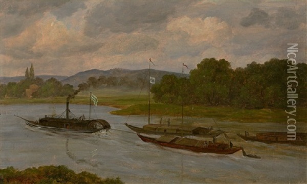 The First Haulage Steamboat On The River Elbe Oil Painting - Gustav Friedrich Papperitz