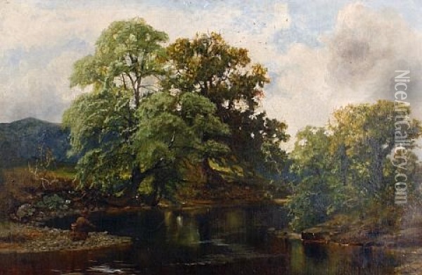 River Landscape With An Angler In The Foreground Oil Painting - John Wright Oakes