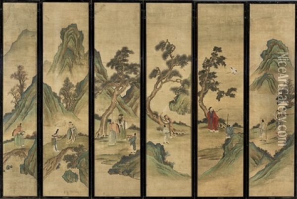 Immortals, Dignitaries And Attendants In Landscape Settings (in 12 Panels) Oil Painting -  Gu Jianlong