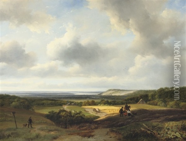 Hunters In An Undulating River Landscape In Summer Oil Painting - Nicolaas Johannes Roosenboom