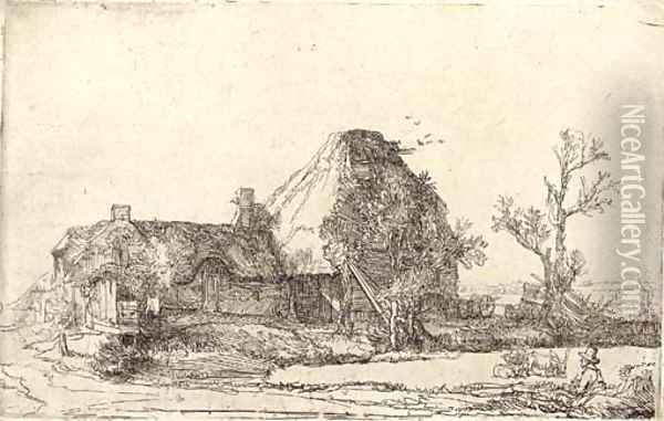 Cottages and Farm Buildings with a Man sketching Oil Painting - Rembrandt Van Rijn
