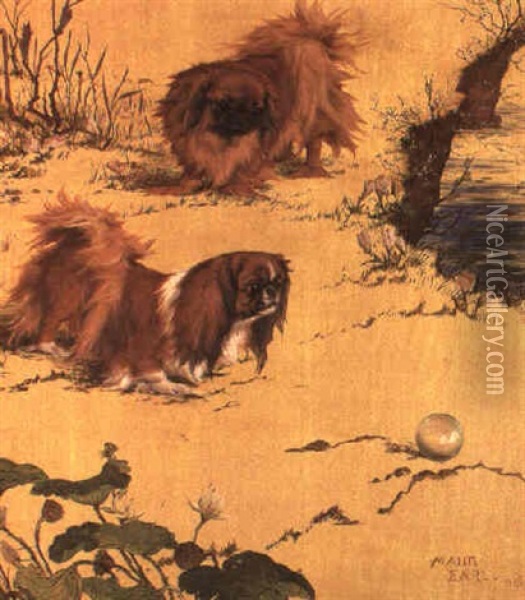 A Red And Tri-colour Pekingese With Lotus Flowers In A River Landscape Oil Painting - Maud Earl