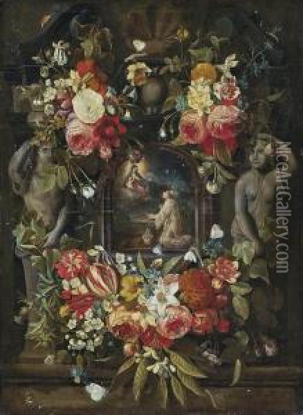 The Virgin And Child Appearing Before A Saint, In A Sculpted Cartouche, Surrounded By A Garland Of Roses, Tulips, Narcissi, Carnations, Morning Glory And Other Flowers, With Butterflies And A Bee, On A Ledge Oil Painting - Daniel Seghers