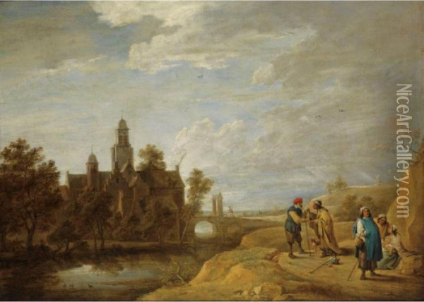 A Wooded Dune Landscape With 
Fortune-telling Gypsies And An Old Man With His Dog On A Path In The 
Foreground, A Fortified Castle With A Church And A Bridge Near A Stream 
In The Background Oil Painting - David The Younger Teniers