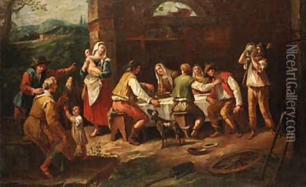 Peasants eating in a farmyard Oil Painting - Antonio Diziani