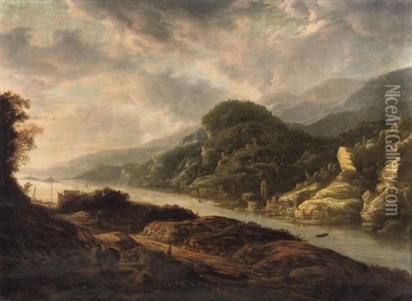 A River Landscape With Travellers On A Path And A Town Along The River Oil Painting - Cornelis Matteus