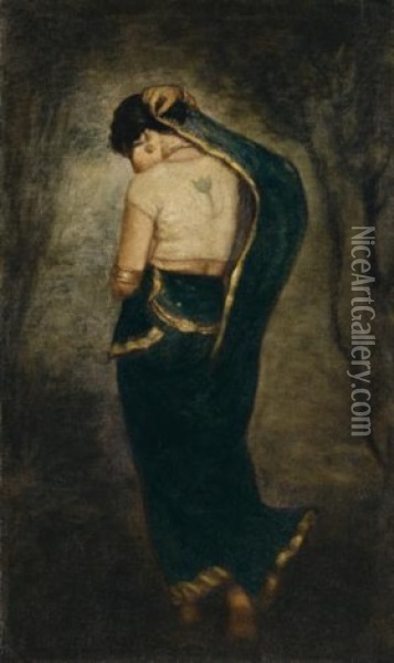 Untitled (woman In A Blue Sari) Oil Painting - Hemen Mazumdar