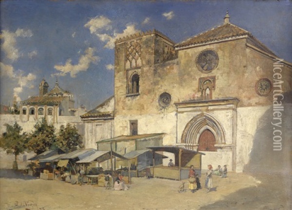 Mercado A La Puerta De Omnium Sanctorum Oil Painting - Pedro Vega Y Munoz
