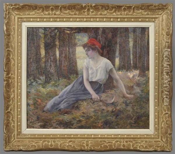 Junge Bauerin Mit Rotem Kopftuch Auf Waldlichtung Oil Painting - Michel Korochansky