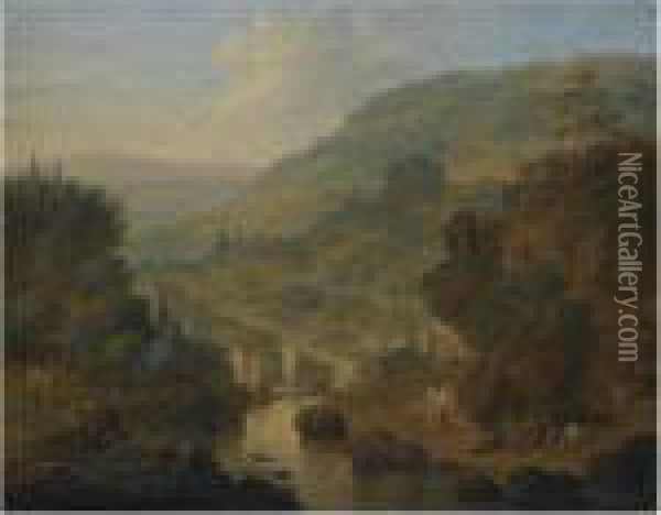 A Fluvial Landscape With Figures Conversing In The Foreground Oil Painting - Jan Griffier I