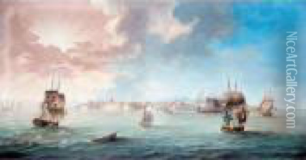 English, Danish And Swedish 
Merchantmen Amongst Mediterranean Craft Off The Port Of Leghorn, Gulf Of
 Genoa, At Sunset Oil Painting - John the Younger Cleveley