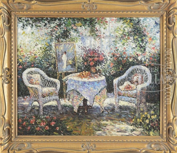 Patio Setting With Flowers And Wicker Oil Painting - Reynolds Beal