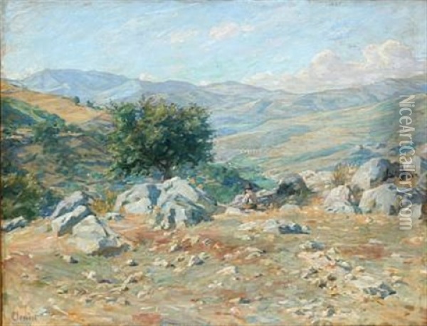 Italian Mountain Landscape With A Man Resting Oil Painting - Gad Frederik Clement