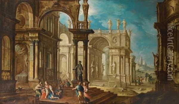 An Architectural Capriccio With The Old Testament Episode Of Samson And Dalila Oil Painting - Pietro Francesco Garoli