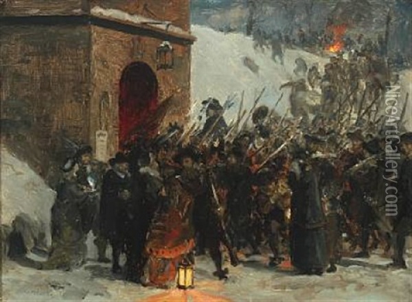 Historical Scene With Numerous Soldiers At The Citadel Copenhagen Oil Painting - Otto Bache