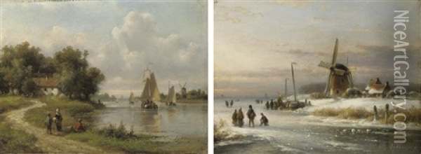 Skaters On The Ice Near A Windmill (+ Fishing By The River In Summer; Pair) Oil Painting - Lodewijk Johannes Kleijn