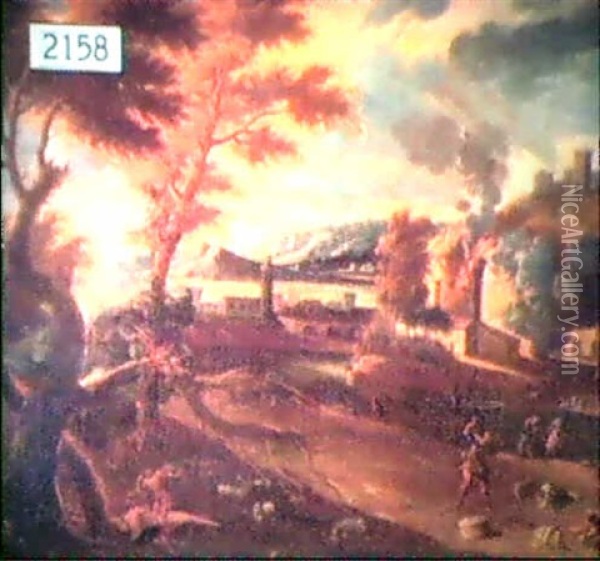 Landscape With Buildings On Fire Oil Painting - Nicolas Poussin