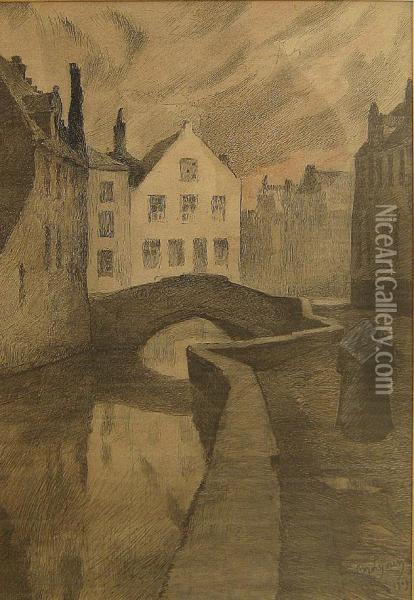 Figuur Naast Het Kanaal Te Brugge. Oil Painting - Amedee Ernest Lynen
