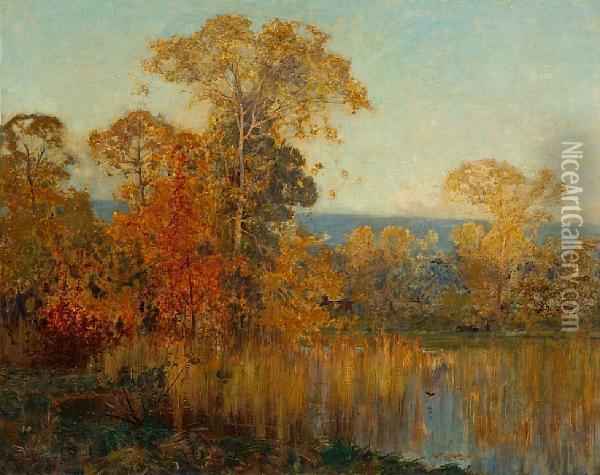 An Autumnal Woodland Scene With A Pond Oil Painting - Sir Alfred East