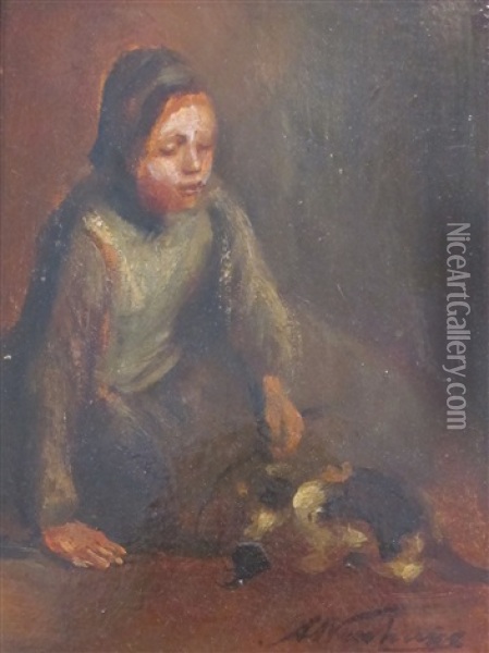 Jeune Fille Au Chaton Oil Painting - Albert Johan (Jan) Neuhuys