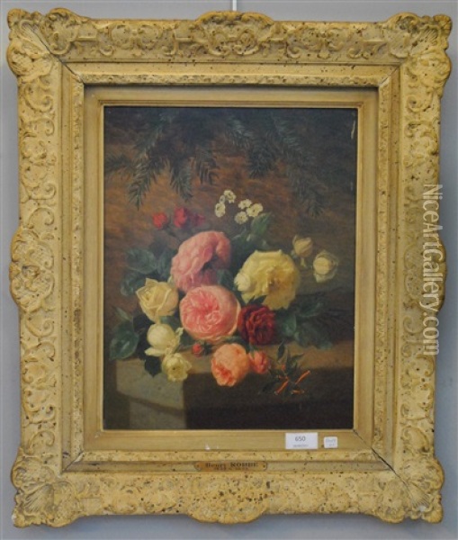 Bouquet De Roses Sur Un Entablement Oil Painting - Henri Robbe