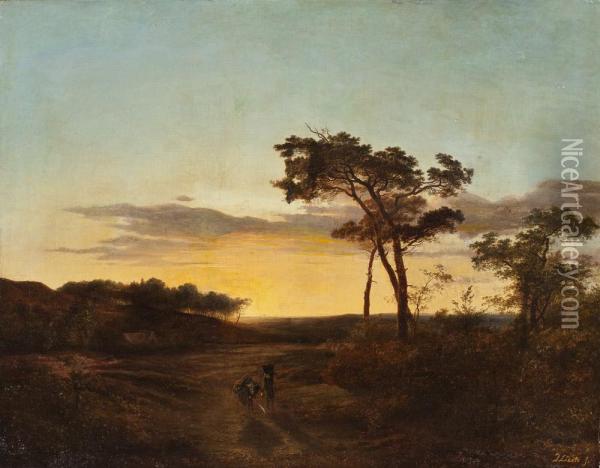Bauerin In Weiter Landschaft Bei Sonnenuntergang Oil Painting - Cornelis Lieste