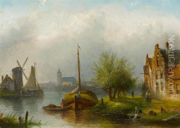 Summer Landscape With Ships At The Shore, A Windmill And A Churchin The Background Oil Painting - Jan Jacob Coenraad Spohler