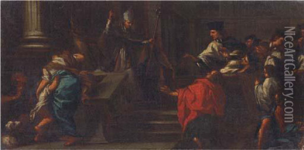 A Bishop Before A Group Of Clerics Oil Painting - Corrado Giaquinto
