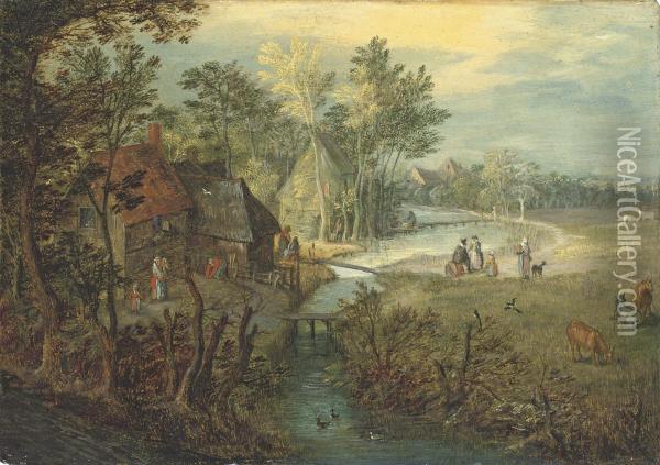 A River Landscape With Cottages, Figures And Cattle On A Bank Oil Painting - Jan Breughel