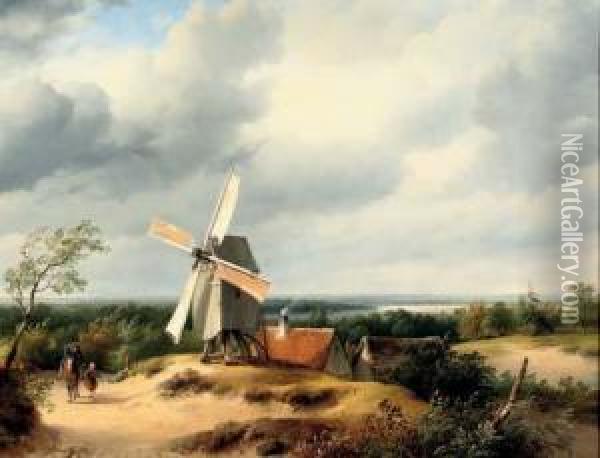 Travellers Passing A Mill In An Extensive River Landscape Oil Painting - Cornelis Lieste