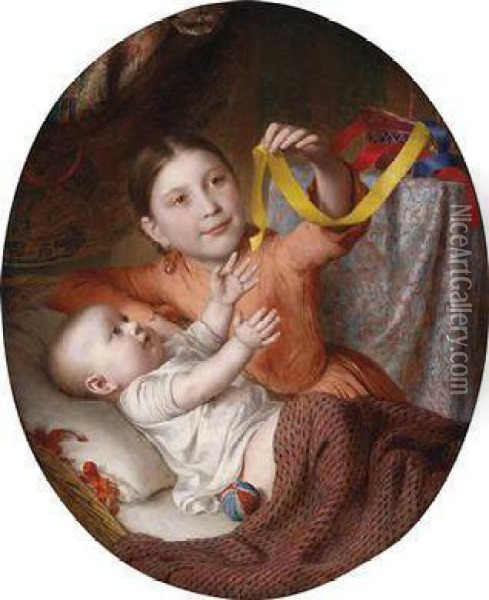Two Children Playing With Silk Ribbons Oil Painting - Johann Baptist Reiter