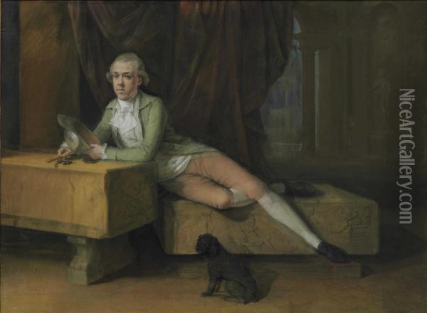 Portrait Of James Colyear Dawkins (1760-1840) Of Standlynch Park, Wiltshire, Leaning On A Sarcophagus During His Grand Tour In The 1780s, Possibly At The Villa Albani, Rome Oil Painting - Hugh Douglas Hamilton