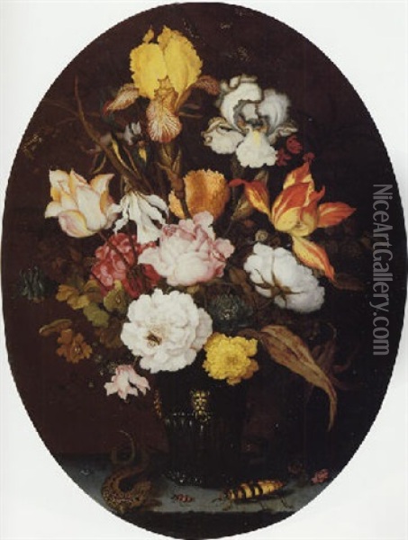 A Still Life Of Roses, Irises, Tulips, Narcissi And Other Flowers, In A Glass Vase With Gilt Mounts, Set On A Ledge, Flanked By A Lizard And Large Bug Oil Painting - Balthasar Van Der Ast