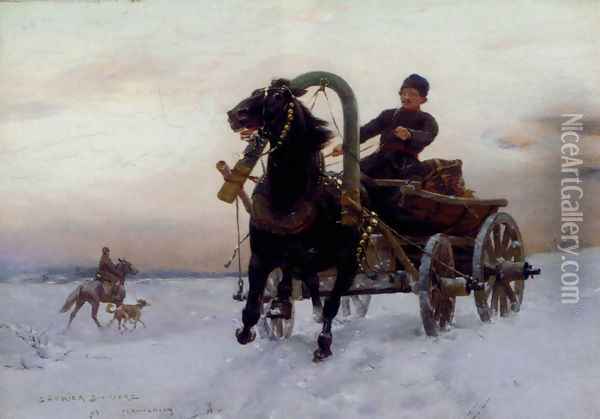 A Trader In A Horse And Cart In The Snow Oil Painting - Stanislaw Ksawery Szykier (Siekierz)