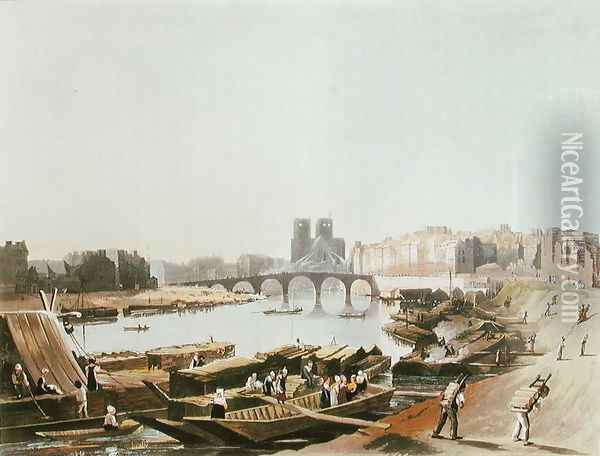 Notre Dame, Ile de la Cite, Ile Saint Louis and the Pont de la Tournelle, 1821 Oil Painting - Augustus Charles Pugin
