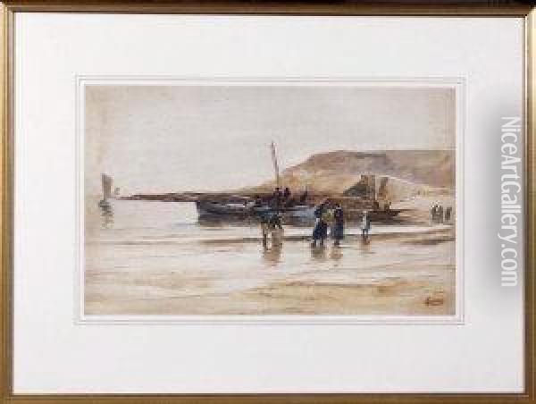 Unloading The Catch At Cullercoats Bay Oil Painting - Robert Jobling