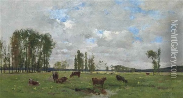 Cattle Grazing Oil Painting - Pierre Emmanuel Eugene Damoye