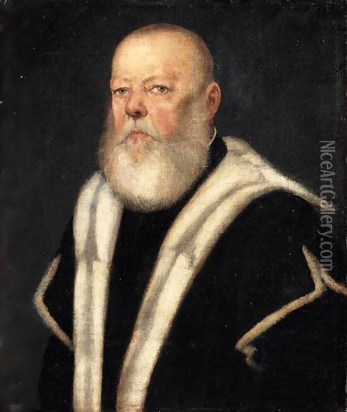 Portrait Of A Bearded Gentleman, Head And Shoulders, Wearing An Ermine-Lined Black Coat Oil Painting - Jacopo Tintoretto (Robusti)