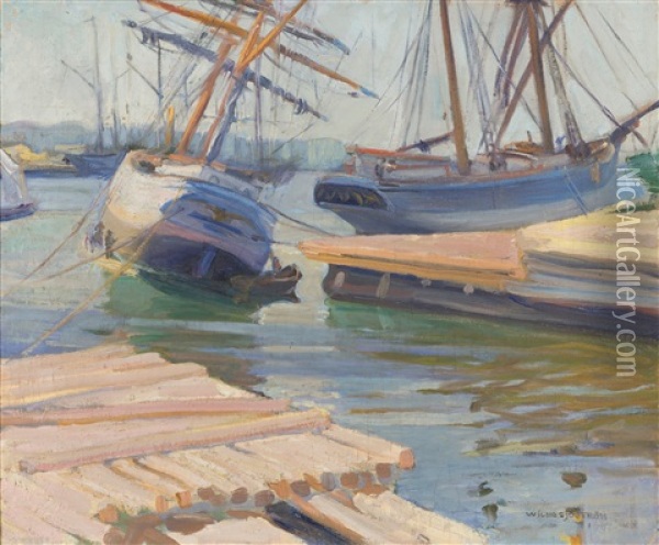 Ships In The Harbour Oil Painting - Vilho Sjoestroem