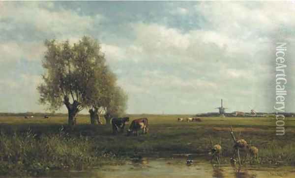 Cows by a stream in a polder landscape Oil Painting - Willem Roelofs