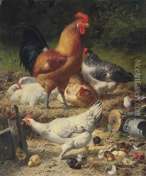 Hens And Chickens In A Farmyard Oil Painting - Eugene Remy Maes