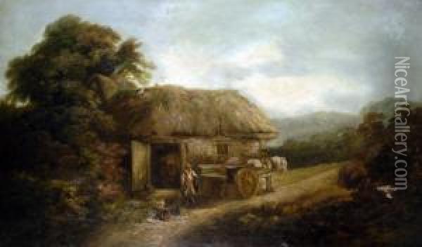 A Highland Croft, With Thatched Cottages,figures, Chickens And Hay Cart Oil Painting - John Joseph Barker Of Bath
