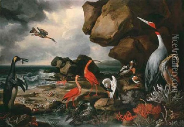 A Penguin, A Pair Of Flamingoes And Other Exotic Birds, Shells And Coral On The Shoreline Oil Painting - Philipp Reinagle