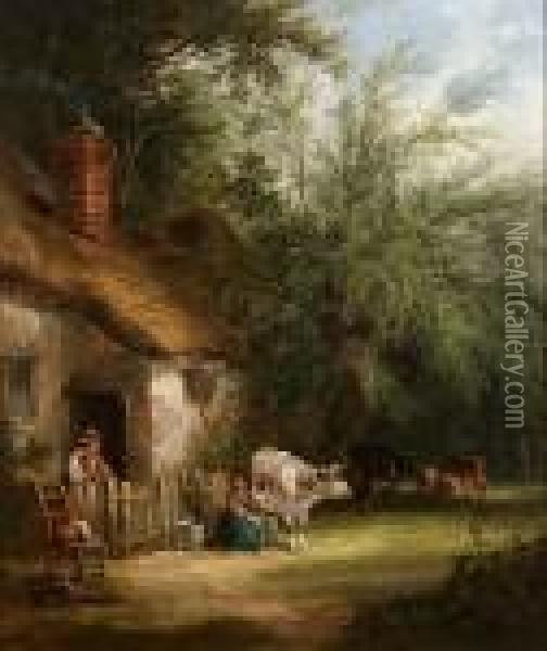 A Peasant Family Outside A Woodland Cottage Oil Painting - Snr William Shayer