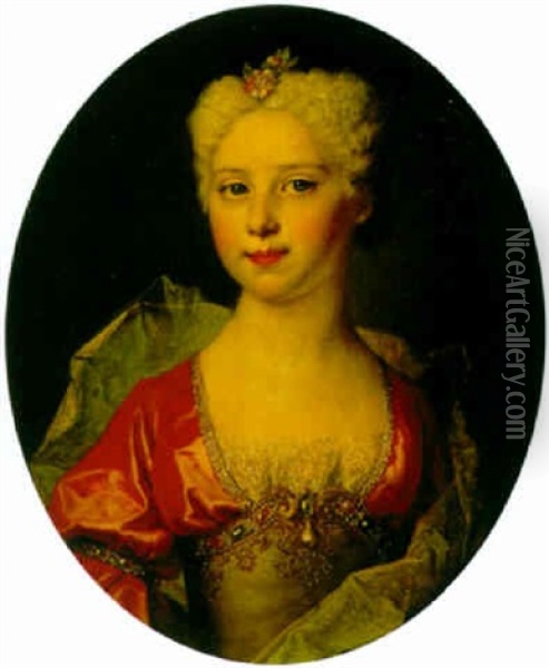 Portrait Of Marie-elisabeth Pommyer, Wearing A Red And Grey Dress Oil Painting - Nicolas de Largilliere