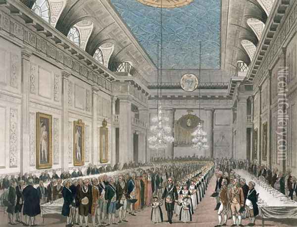 The Procession at Freemasons Hall, Queen Street, on the occasion of the Annual Dinner for young girls assisted by the Order, from Ackermanns Microcosm of London Oil Painting - Joseph Constantine Stadler