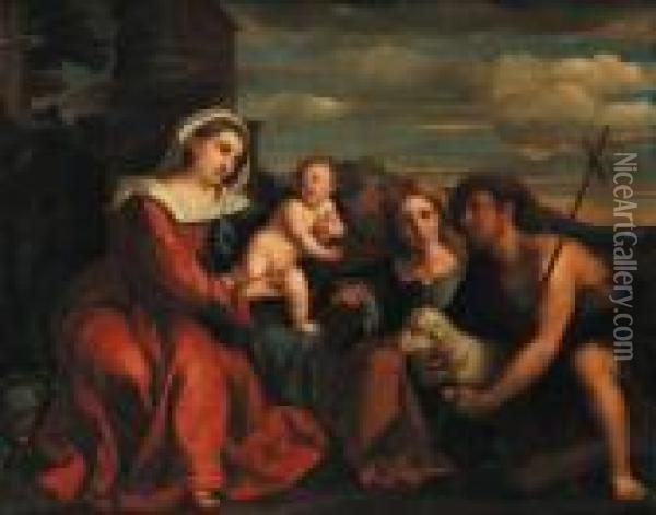 The Madonna And Child With Saint Catherine Of Alexandria And Saintjohn The Baptist Oil Painting - Acopo D'Antonio Negretti (see Palma Giovane)