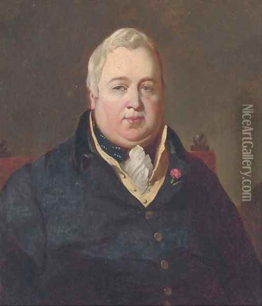 Portrait of the Hon. William Maule of Panmure MP (1771-1852), seated bust-length, in a black coat and yellow waistcoat, a flower in his lapel Oil Painting - Colvin Smith
