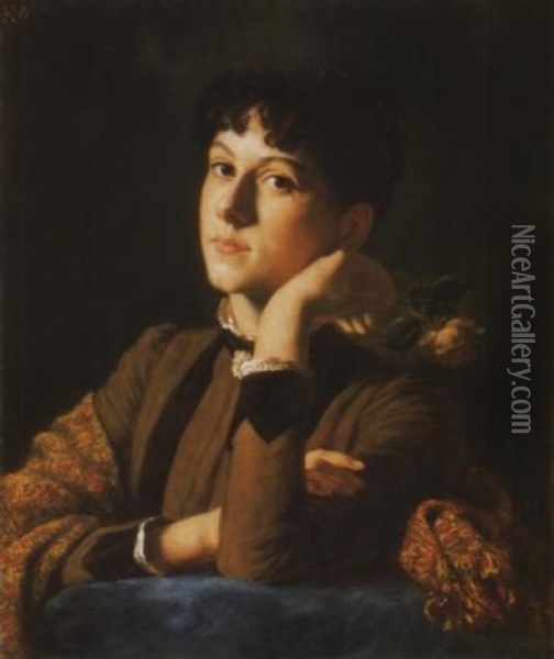 Fiatal Lany Rozsaval (abt Klotild Portreja), 1887 - Young Girl With A Rose, The Portrait Of Klotild Abt Oil Painting - Aladar Koeroesfoei Kriesch