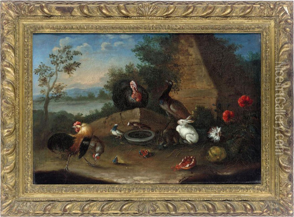 Cockerels, A Turkey, Peacock And Rabbits In A Landscape Oil Painting - David de Coninck